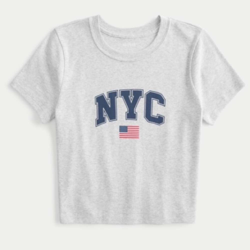 Hollister - Light Grey NYC America Cropped Baby Tee Shirt